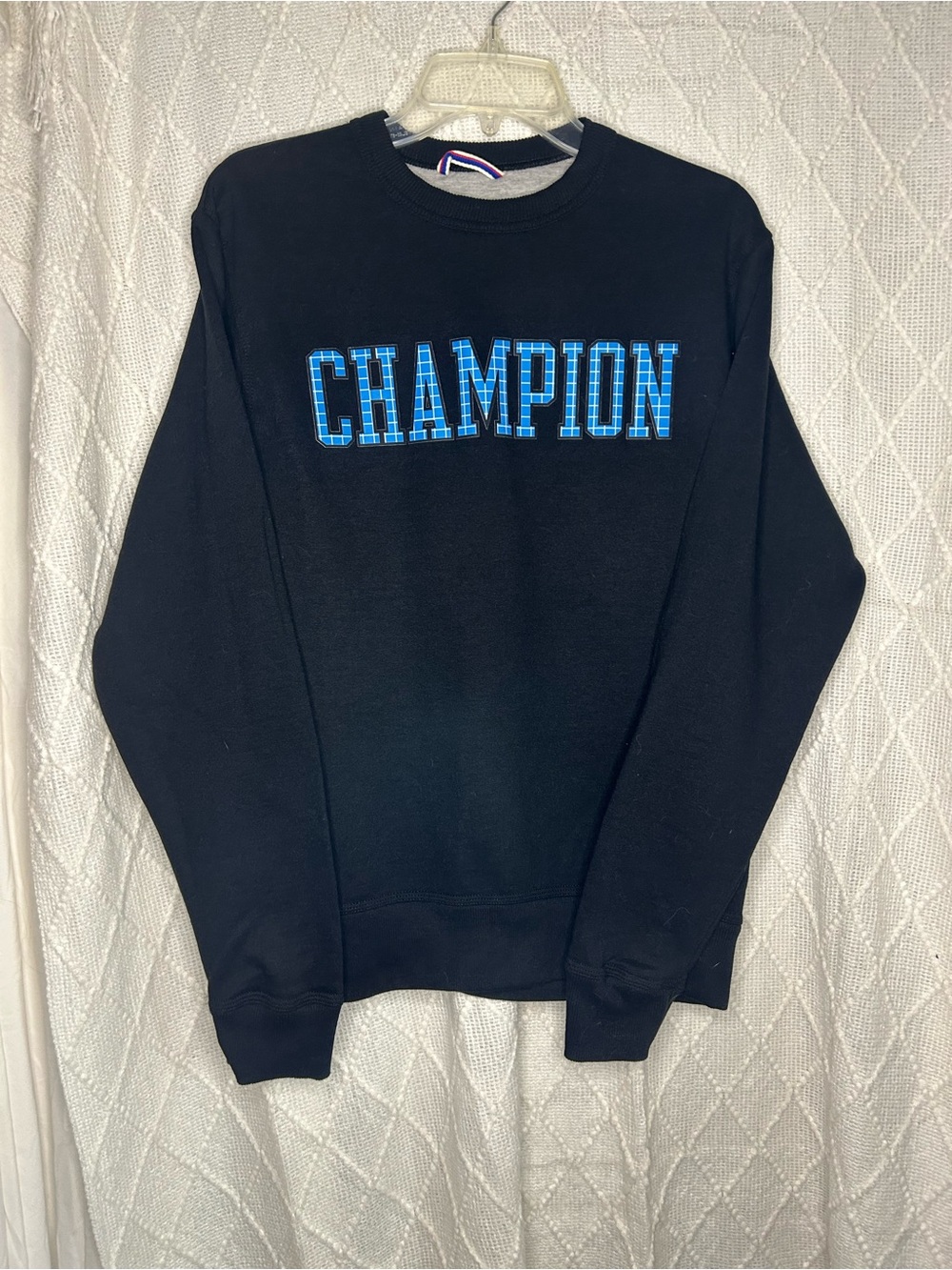 Champion Black Crewneck Sweatshirt with Blue Plaid Logo